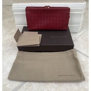 BOTTEGA VENETA Intrecciato Leather‎ Long Wallet Red Bifold Purse All Inclusive